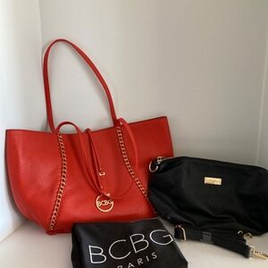 BCBG Orange Reversible Tote Large Shoulder Bag Gold Chain Accent + Pouch AS IS
